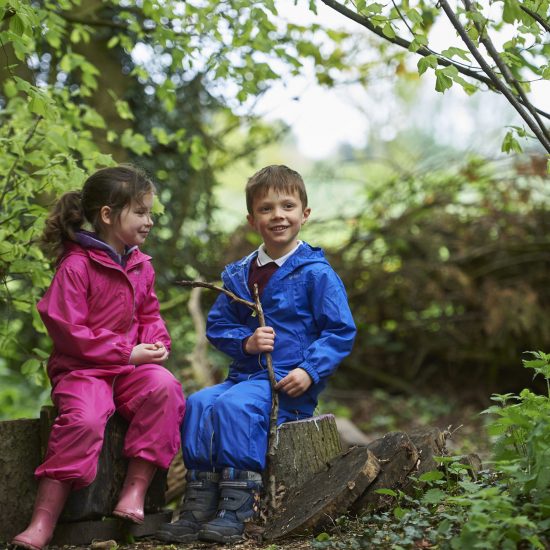 children outdoors in wellies and waterproof clothing